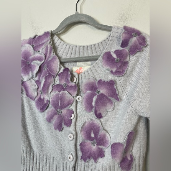 Anthropologie Precious Peony Floral Embellished Cardigan sweater Cashmere Rabbit - Picture 4 of 11